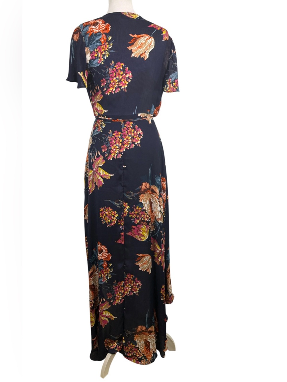 Aakaa Navy Floral High-Low Wrap Dress | Boho Fall Wedding Guest Maxi S - Picture 6 of 11
